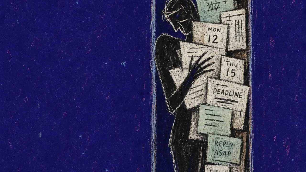 A solitary figure pressed into a narrow doorway as stacked messages, forms, and calendar blocks push inward from all sides