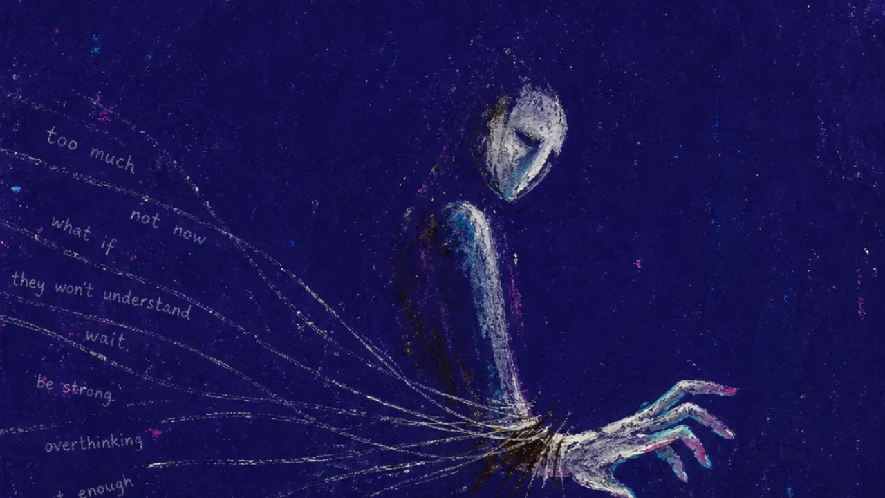 A solitary figure pulling one hand back from a glowing phone, invisible thread wrapped around the wrist in deep indigo space