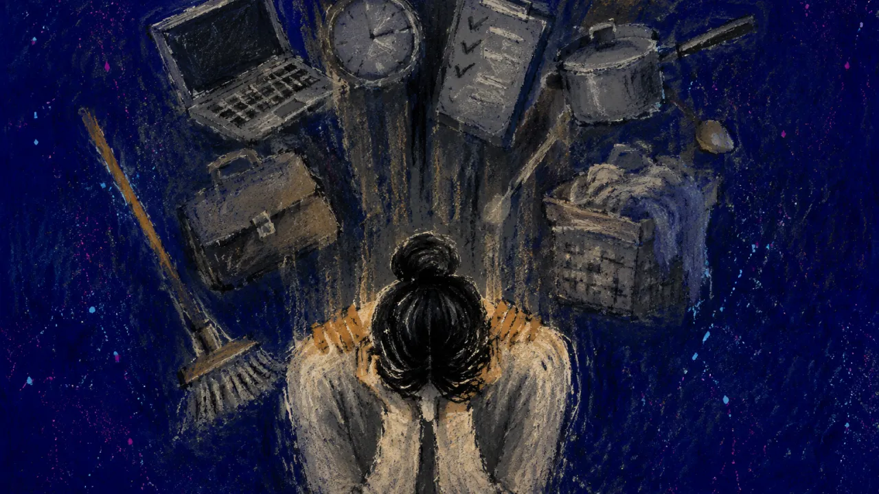 Every Task Routes Through One Body A solitary figure with shoulders pressed down, tools gathered around one body as space settles above an unrailed edge.