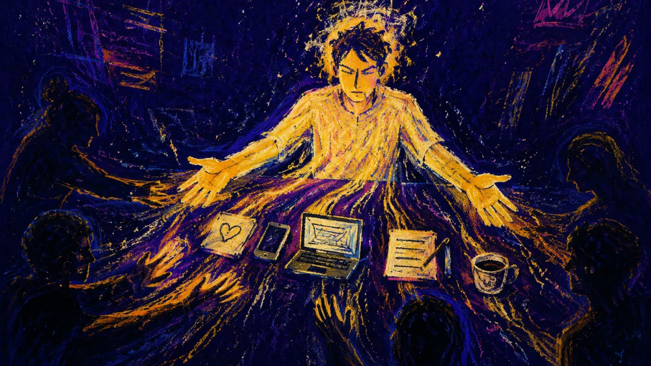 A seated figure with open palms at a crowded table as pale-gold lines flow toward surrounding silhouettes and stop.