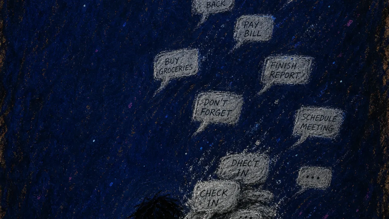 A hunched figure over a glowing phone as message bubbles drift outward and loose tasks pile onto their shoulders