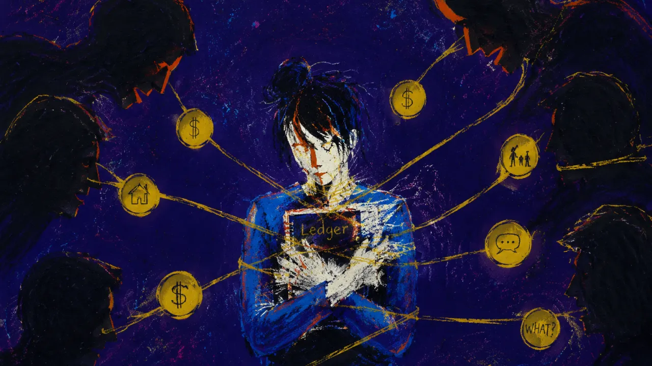 A solitary figure clutching a ledger while family silhouettes pull gold coin threads tight around the torso