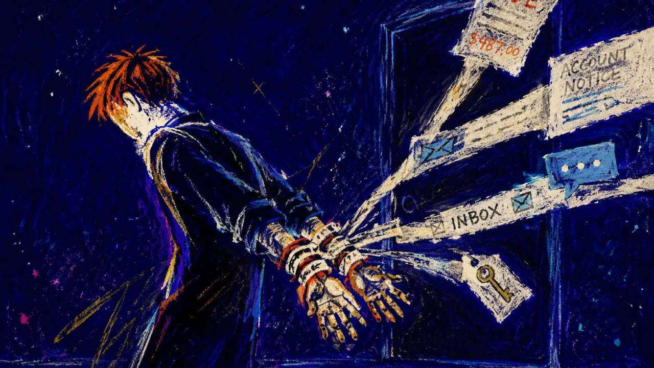 A solitary figure with wrists caught in paper loops, bills and keys tugging them back toward a closed doorway