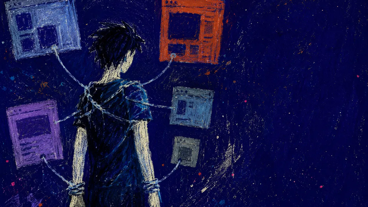 A solitary figure at a laptop with wrists and shoulders caught in thin cords from stacked browser windows and cold silver gr