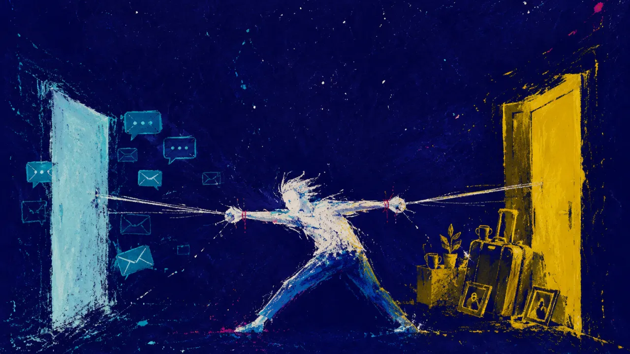 A solitary figure between two open doors, wrists pulled by cords from a phone and a packed box in deep indigo space