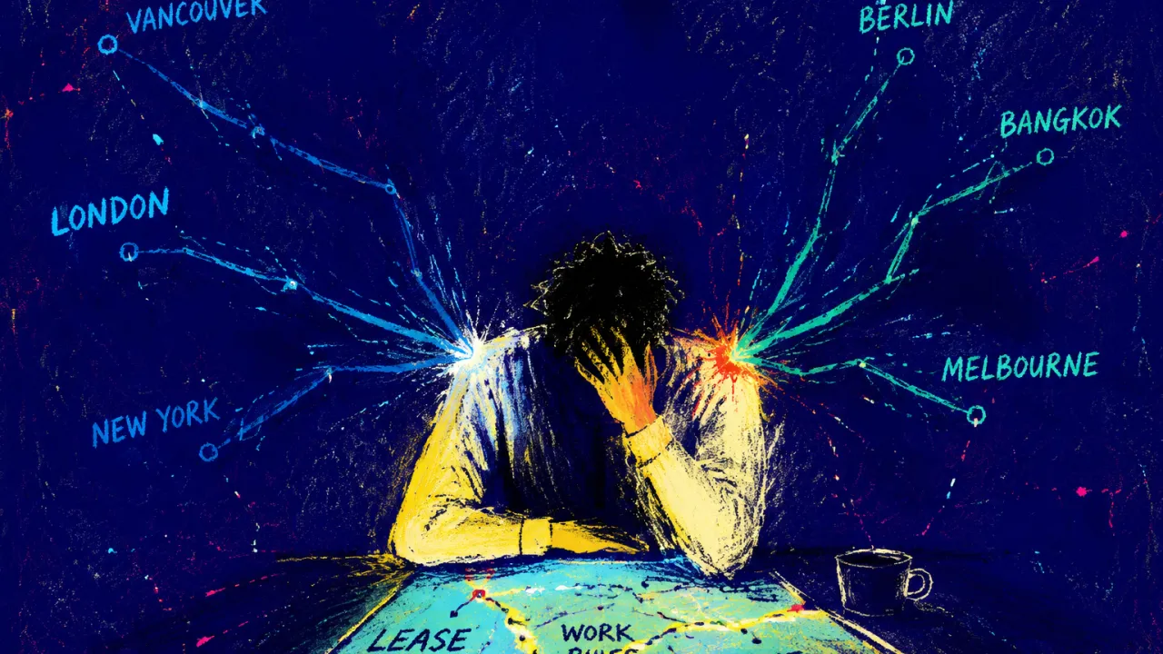 A solitary figure hunched over a glowing map, route lines pulling from their shoulders toward different cities
