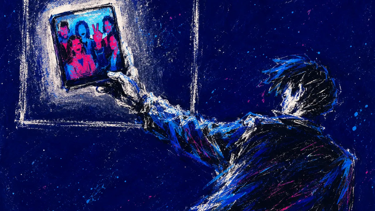 A solitary figure steps backward with a raised phone as a bright group frame pulls away, leaving their outline outside.