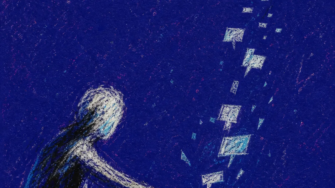 A solitary figure reaches toward a glowing phone as silver gaps stretch toward a retreating silhouette