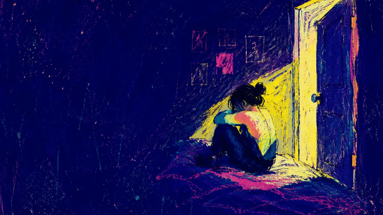 A solitary figure in a small room as hallway light pushes through half-open doors, leaving sharp lines across tucked-in arms