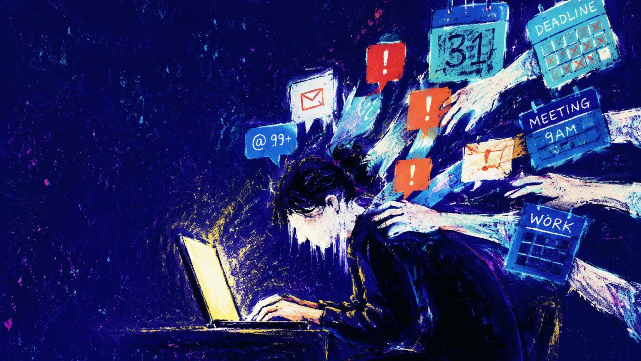 A solitary figure hunched over a glowing laptop, shoulders pressed by alert squares and calendar blocks in deep indigo space