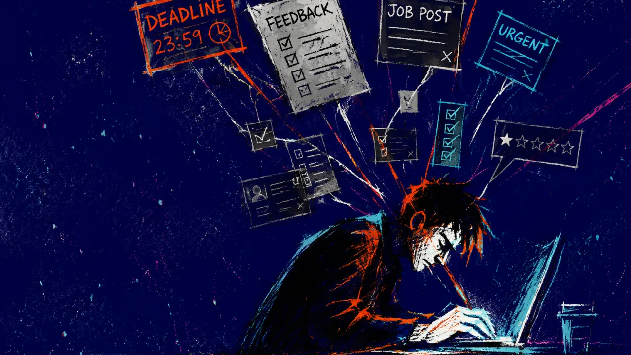 Pressure narrowing into one task A solitary figure bent over a glowing desk as papers and screens funnel repeated tasks onto their hands