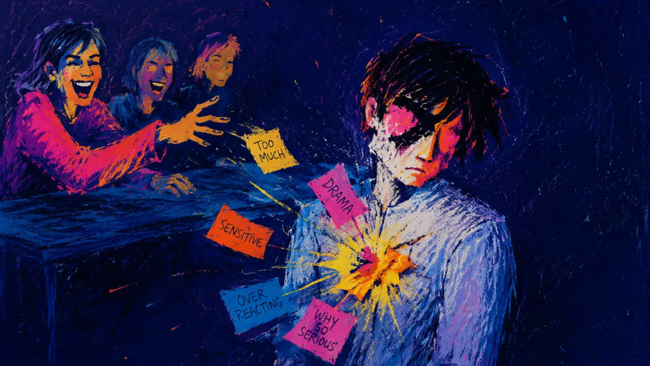 A solitary figure leaning back as laughing hands flick paper tags toward the chest, pale marks gathering in indigo space