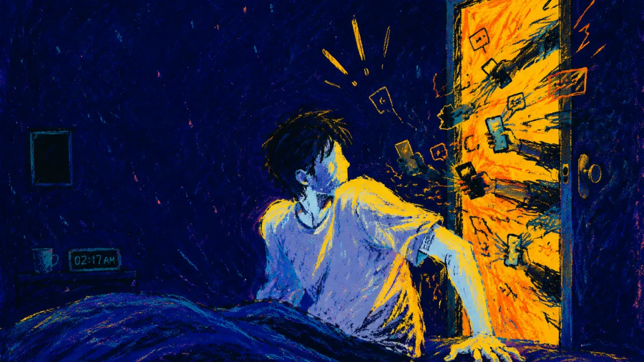 A solitary figure half-rising in a room as hands and buzzing light press through a doorway, leaving bright marks at the edge