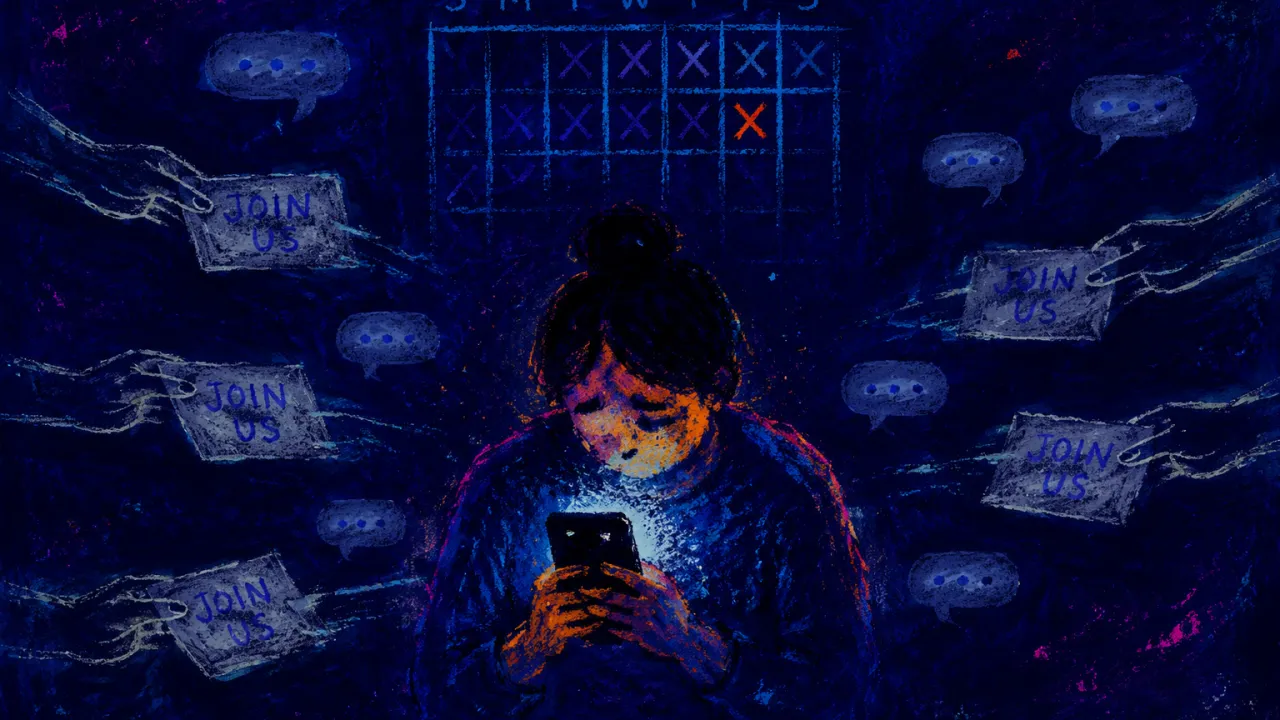 A solitary figure holding a dim phone, chat bubbles pulling calendar squares away from outstretched hands in indigo space