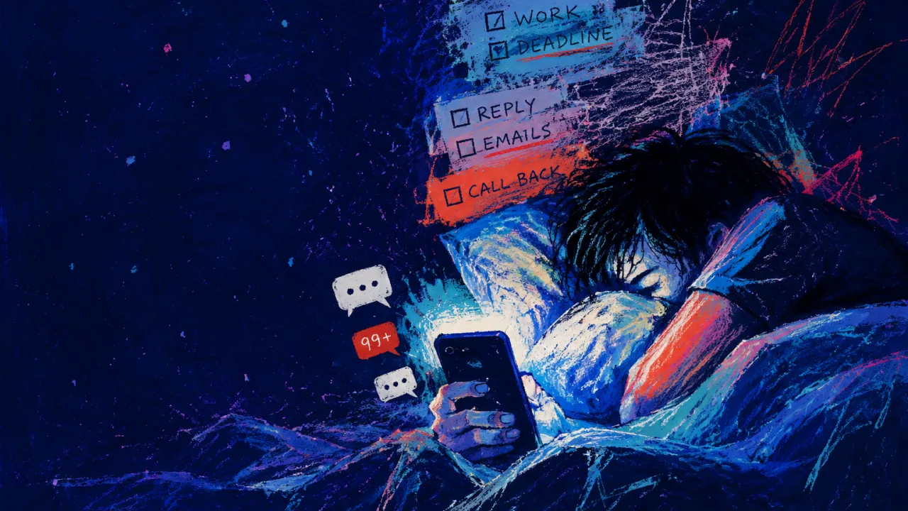 A solitary figure sunk into rumpled bedding, phone light on one hand, stacked notes and messages tightening the room