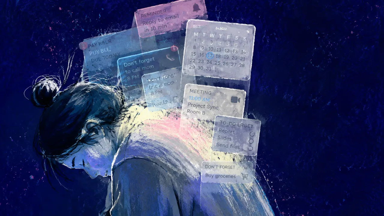 A solitary figure with raised shoulders as translucent app prompts and calendar blocks press pale weight onto the upper back