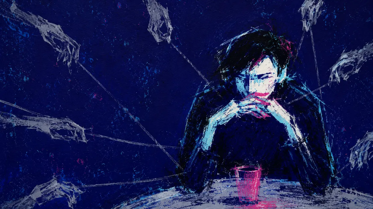 A seated figure at a table, hands and mouth boxed in by pale inward lines as silent shapes press from every seat
