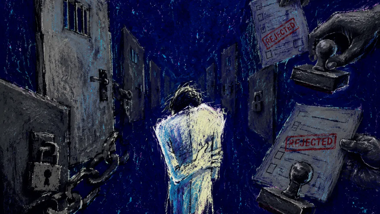 A solitary figure in a narrow corridor, shoulders drawn in as locked doors and paper forms press close from both sides