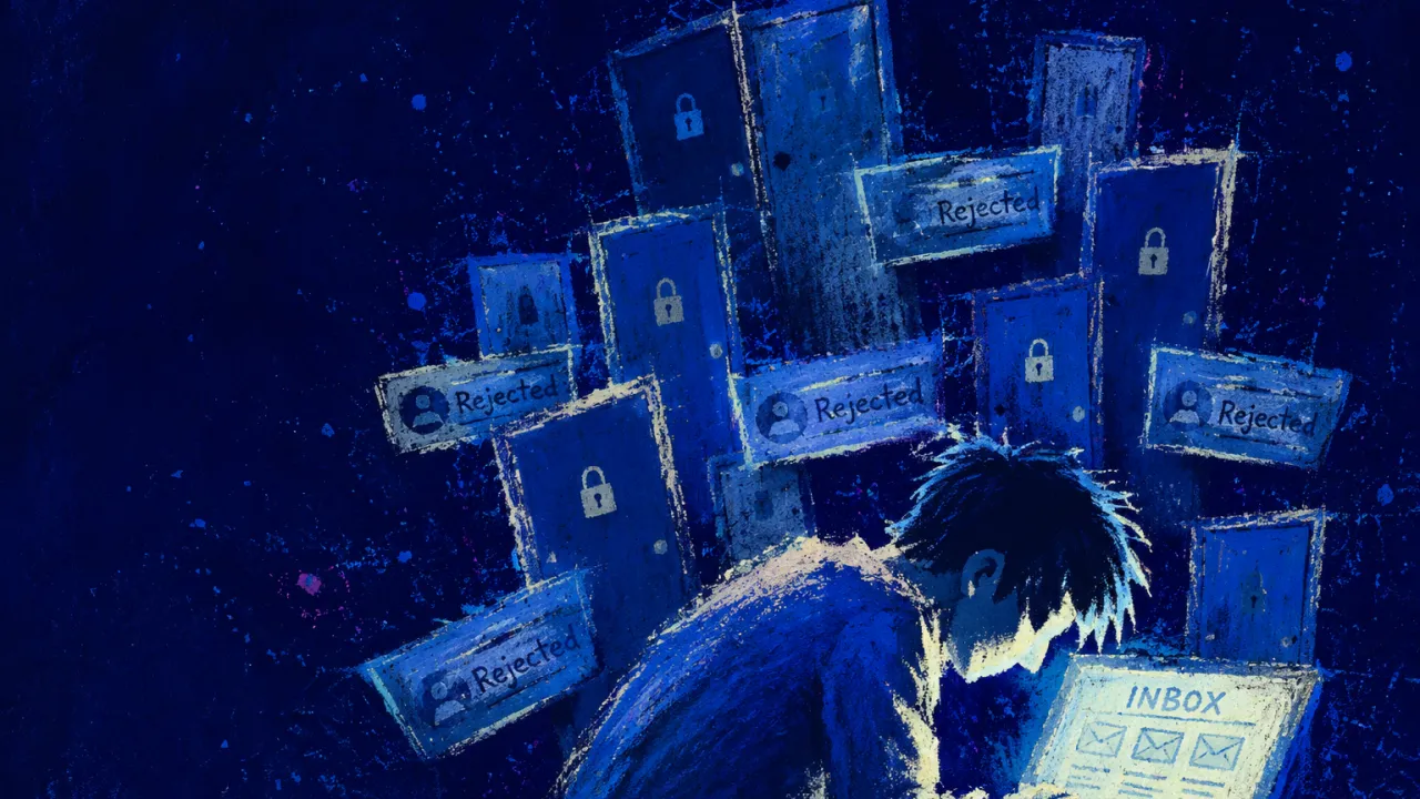A hunched figure under glowing inbox light as locked doors and silent screens press cold marks across bent shoulders