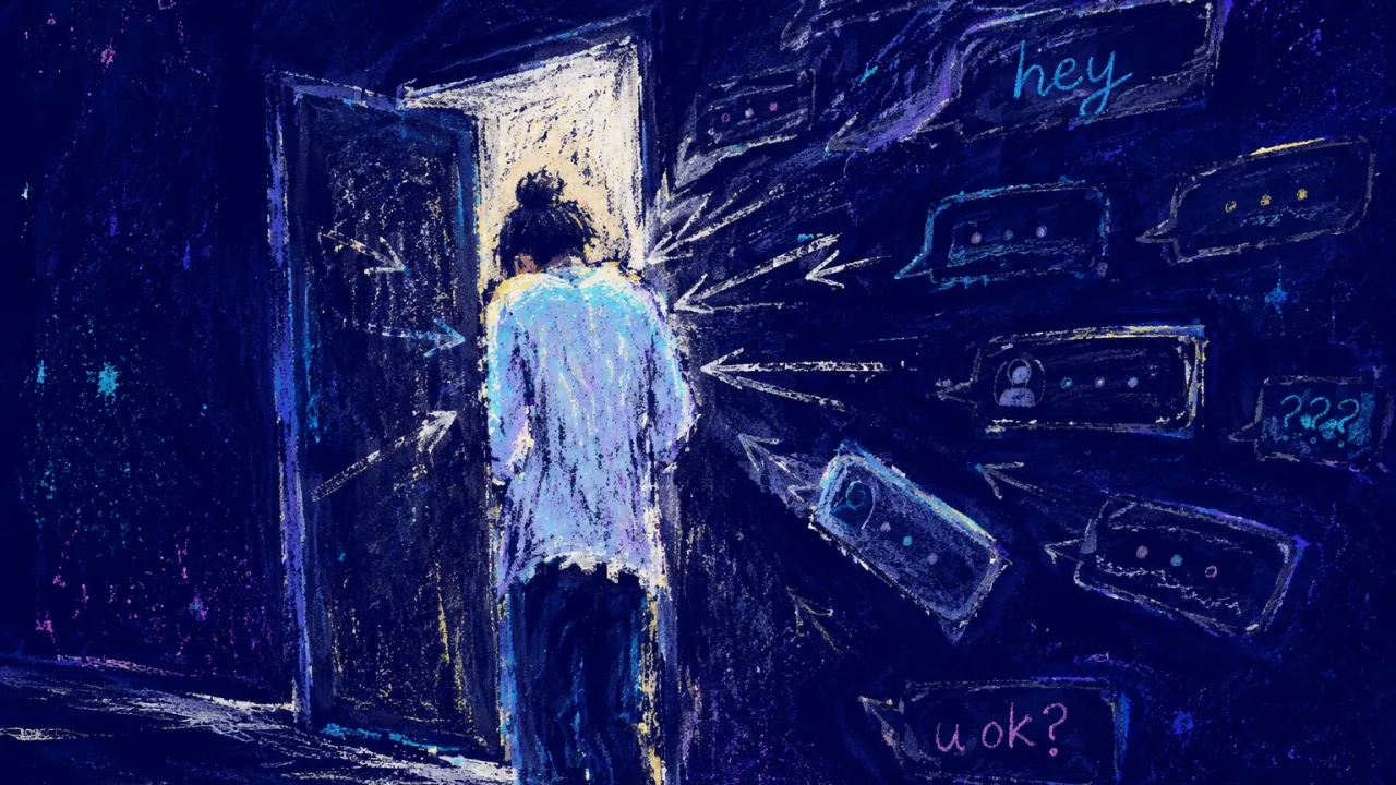 A solitary figure paused at a doorway as message bubbles and arrow-like lines press around lifted shoulders