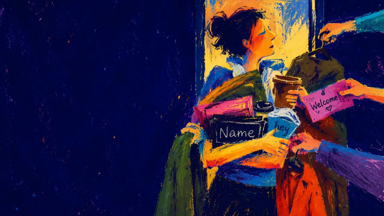 A solitary figure braced in a doorway as incoming hands place coats, cups, and names into their arms