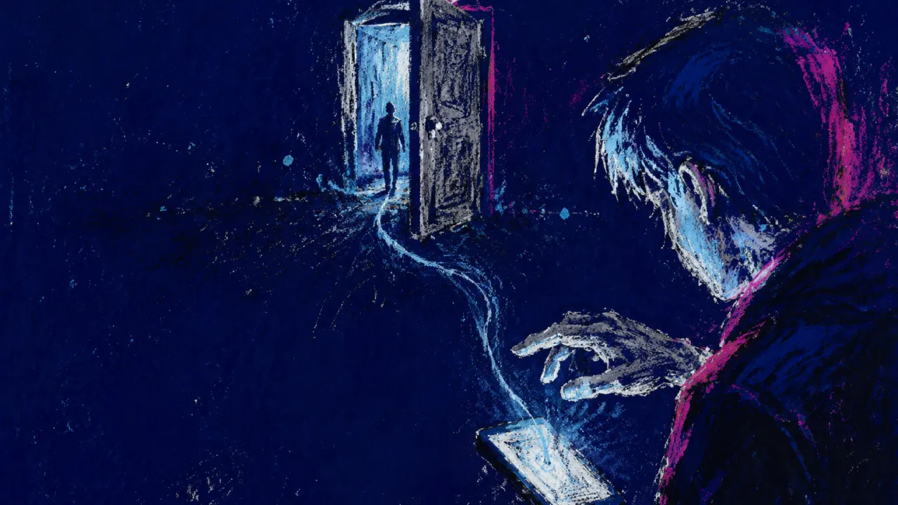 A solitary figure hovering over a lit phone as a thin silver signal pulls open a dark doorway nearby