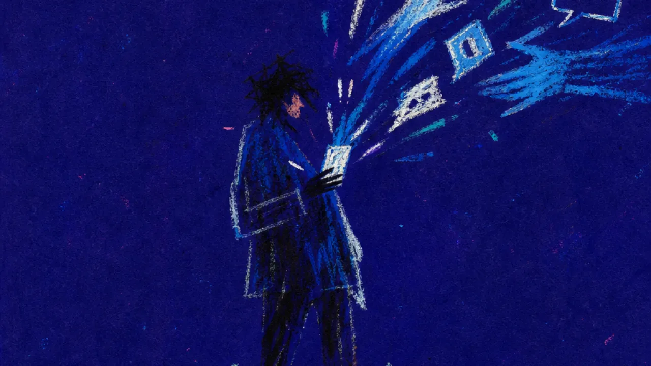 A solitary figure behind a taped calendar boundary as message-like hands peel back the edge of protected space