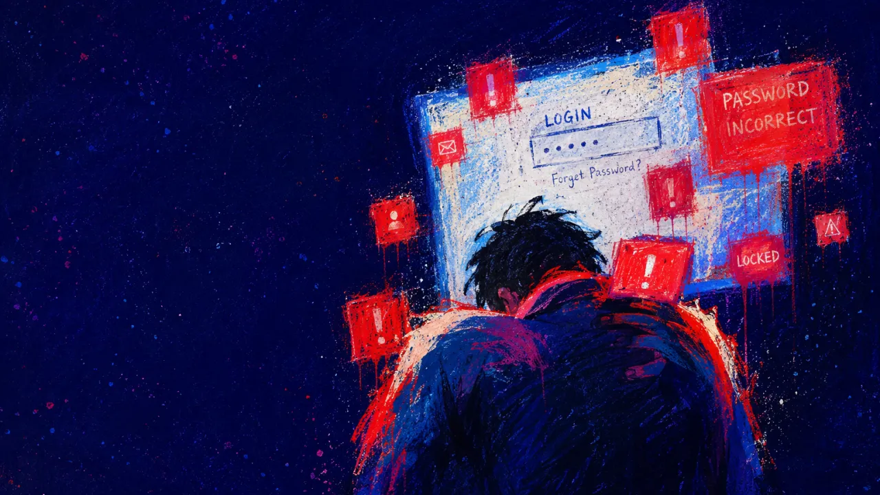 A solitary figure hunched before a glowing screen as red alerts press toward raised shoulders in deep indigo space