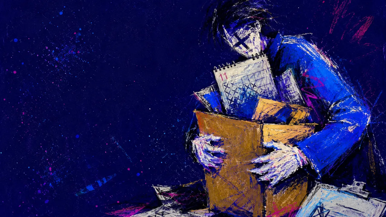A solitary figure holding half-packed boxes as calendar pages and unsigned forms press inward through deep indigo space
