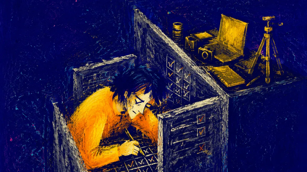 Task Lanes Keep Narrowing A figure leans over a narrow workstation as graphite panels close around the torso, with gold tools beyond the task lane.