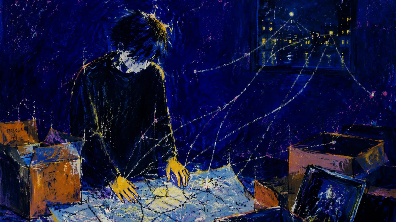 A solitary figure among half-unpacked boxes, map lines pulling away as cold window lights surround the room