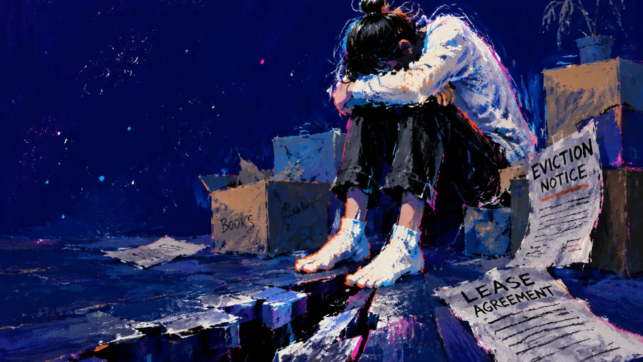 A solitary figure crouches among half-packed boxes as lease papers pull rented floorboards away beneath their feet