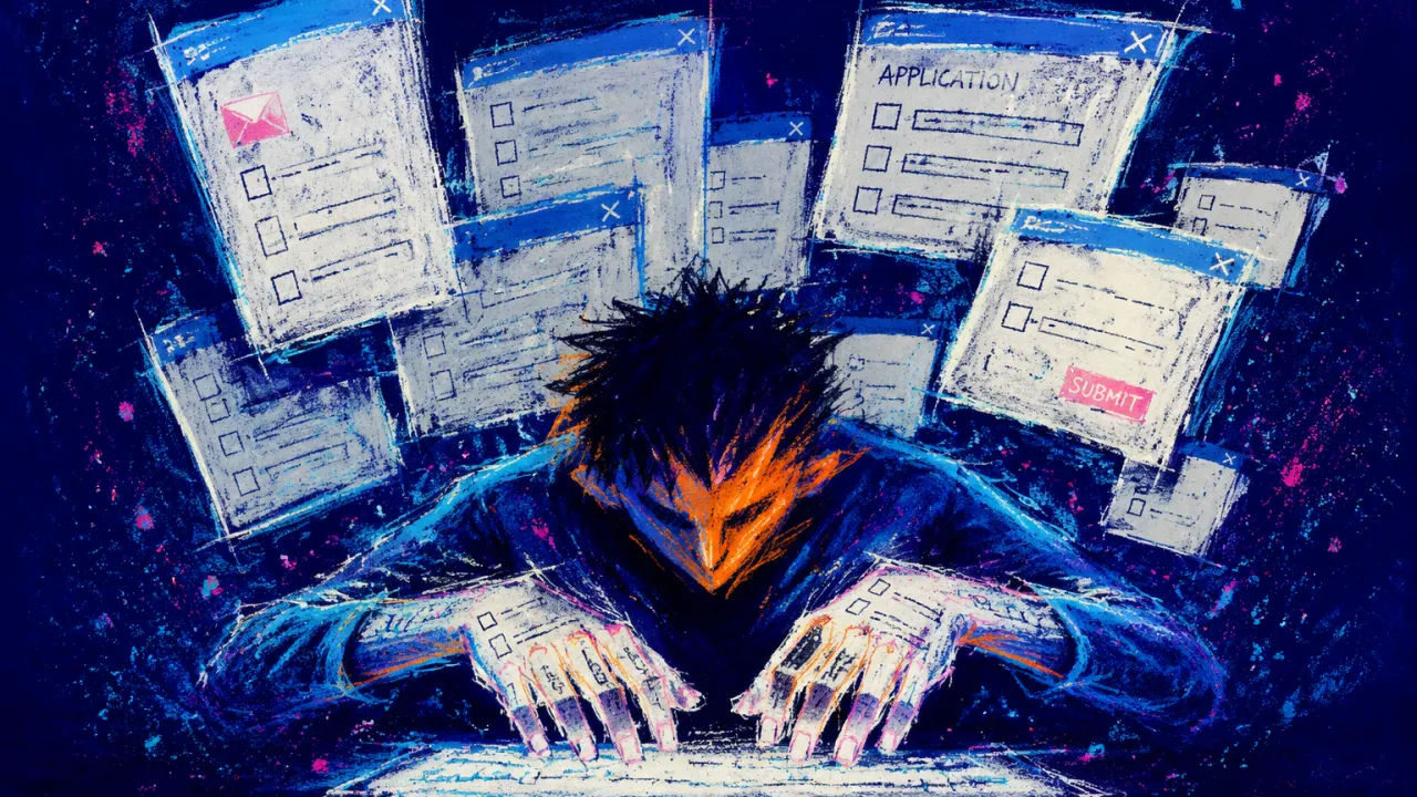A hunched figure at a desk as glowing application windows press inward, leaving marks across the hands and shoulders