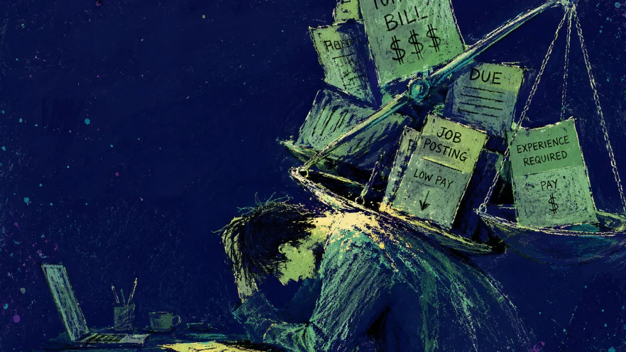 Costs Pressing Downward A hunched figure at a desk, tilted scales of bills and job posts pressing into the upper back