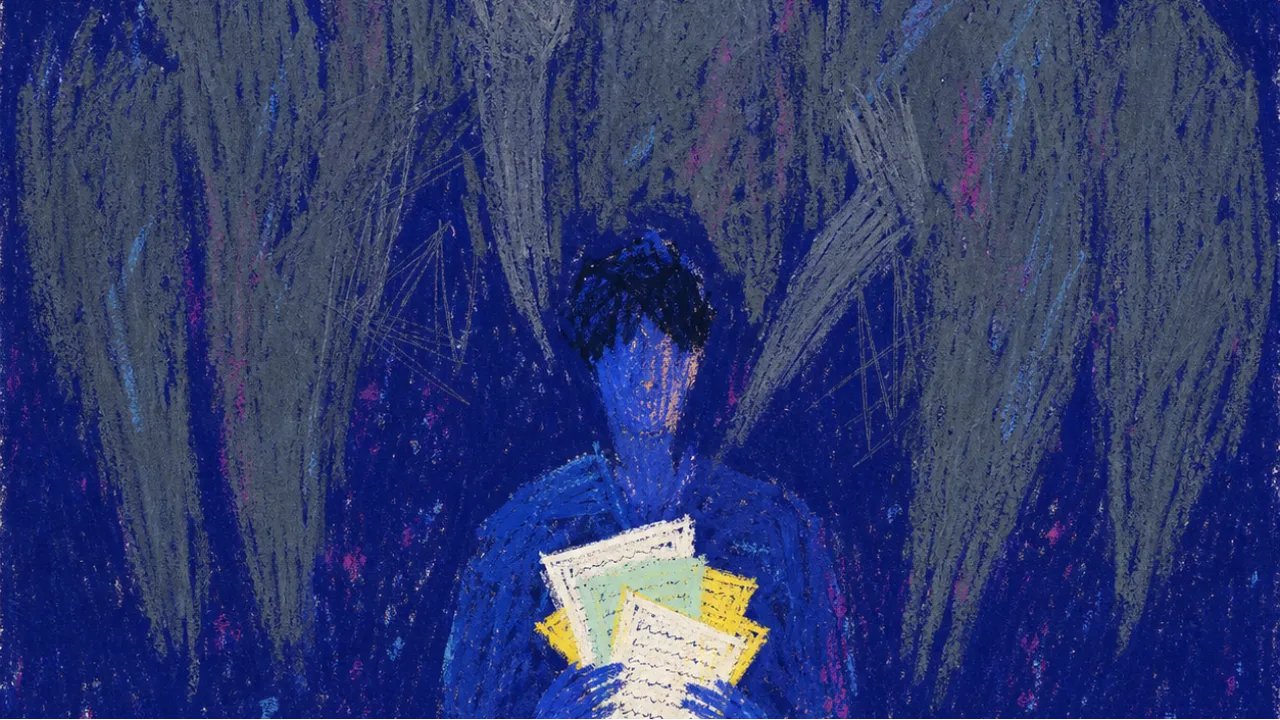 A solitary figure holding notes while taller silhouettes press inward, narrowing the space around a small weighing frame