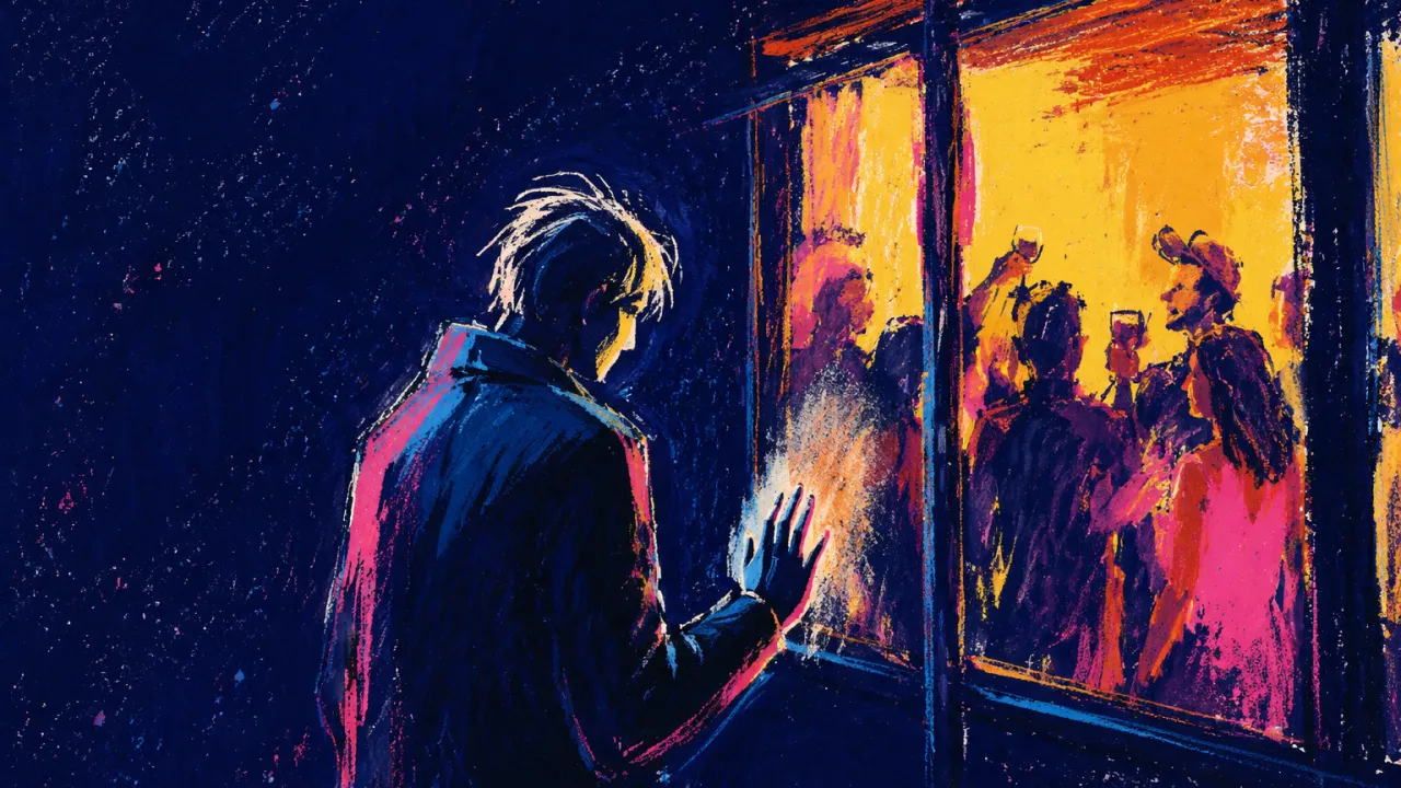 A solitary figure outside a lit window, one hand near closed glass as silhouettes move inside beyond cold silver gaps