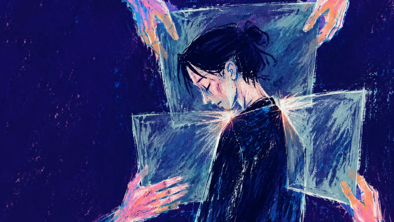A solitary figure with narrowed shoulders inside clear panels, polite hands pressing the box into place around them