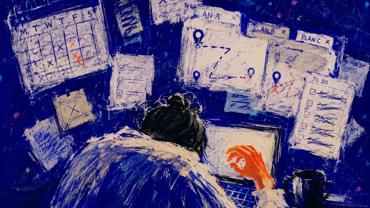Routes closing in A seated figure with locked shoulders, surrounded by calendars, tabs, and paper routes pressing inward from every side