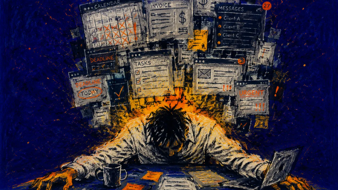 A solitary figure with lowered shoulders and outstretched arms beneath screens, invoices, and messages converging overhead.