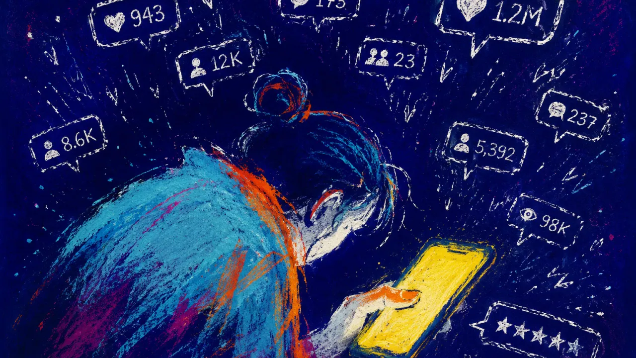 A solitary figure hunched over a phone, thumb pinned by floating counts, group bubbles, and rating stars in deep indigo space