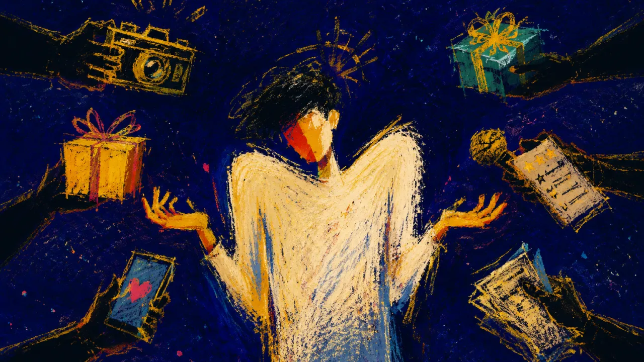 A solitary figure surrounded by cameras, gifts, and reaching hands, shoulders raised as gold light presses inward