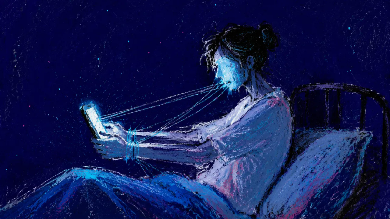 A solitary figure upright in bed, wrists pulled toward a glowing phone as cold blue threads fade into dark space
