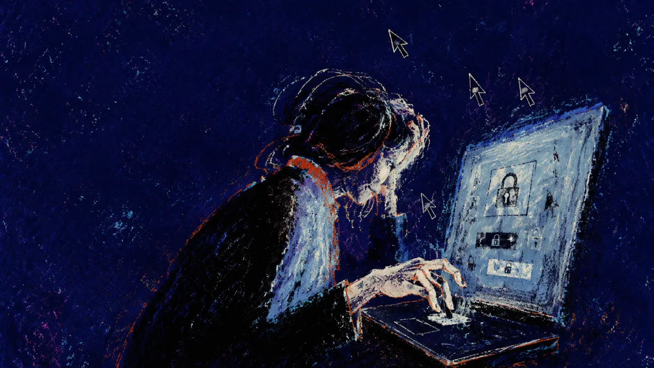 Blocked by one screen A seated figure pushed back from one glowing tab, locked icons and waiting cursors forming barriers at the screen