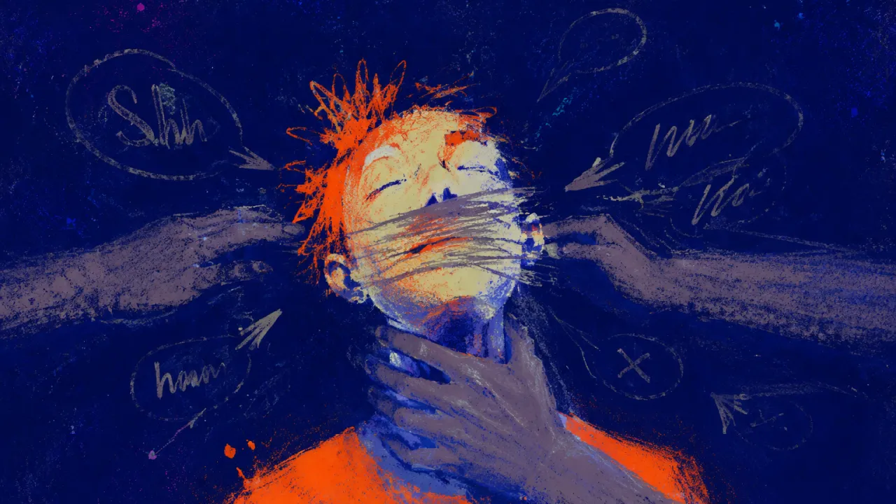 A solitary figure holding their throat while surrounding hands press pale speech lines inward in deep indigo space