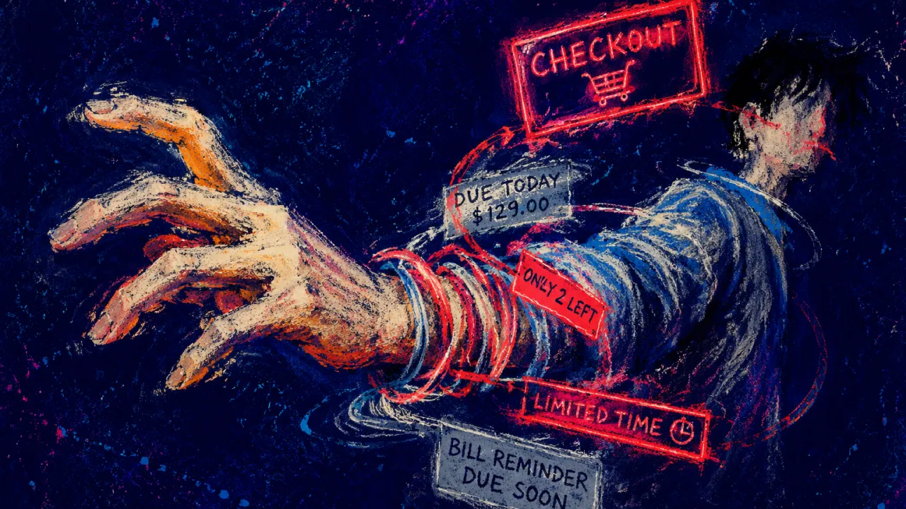 Pulled by prompts, tightened by bills A solitary figure with one hand pulled forward, wrist wrapped by glowing prompts and paper reminders leaving tight marks