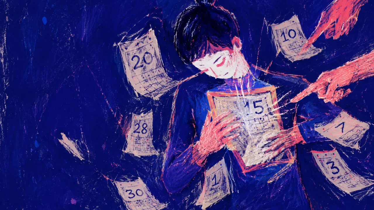 A solitary figure with shoulders drawn in as calendar pages and pointing hands press against the chest in deep indigo space