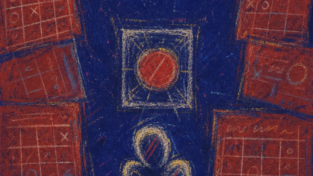 Calendar Frames Pressing Inward A solitary figure with shoulders drawn inward as calendar frames press from every side around a centered red date.