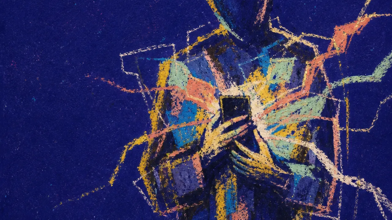 Access pressing too close A solitary figure holds a phone near the chest as message threads and open hands press against a small boundary line