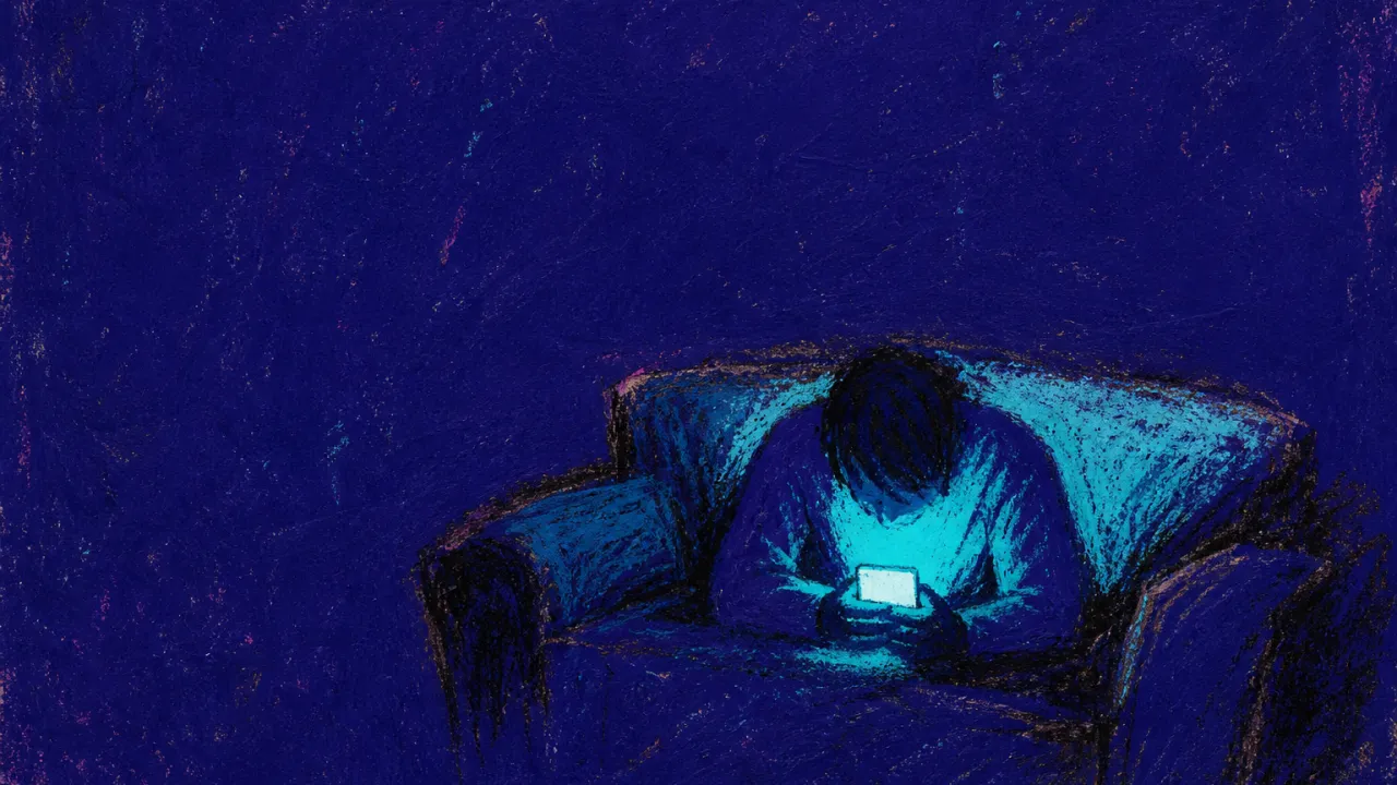 A solitary figure folded into a couch, phone light spreading over their palms and torso as the room narrows into deep indigo.