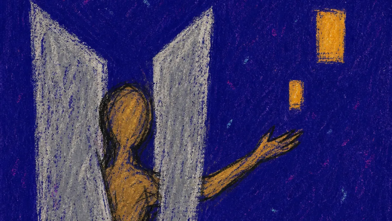 Half-turned figure stands within narrowing silver panels, torso framed inside as warm task windows glow beyond an open palm.